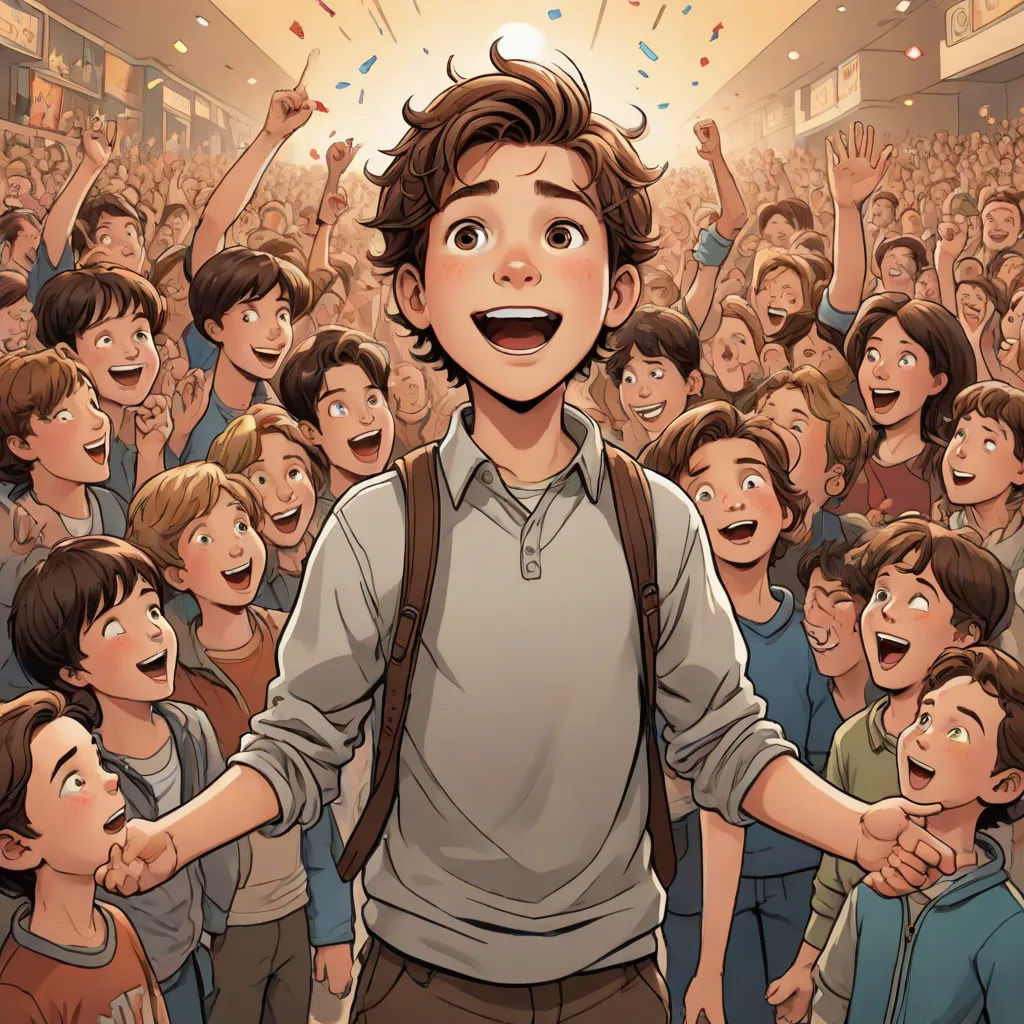 a boy is surrounded by a crowd of people and has his hands up in the air and his eyes open, vancouver school, a comic book panel, Asaf Hanuka, graphic novel