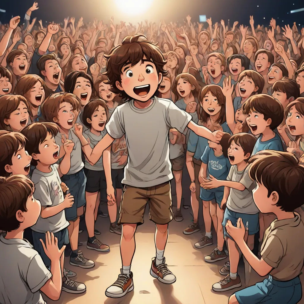 a boy standing in front of a crowd of people with his arms up in the air and his mouth open, magical realism, a storybook illustration, Asaf Hanuka, animated