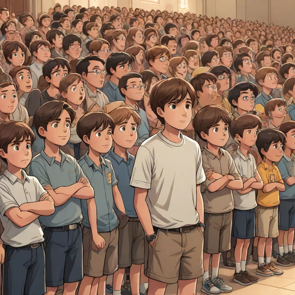 a crowd of people standing in front of a man in a white shirt and khaki shorts and a man in a blue shirt, paris school, a comic book panel, Brothers Hildebrandt, official art