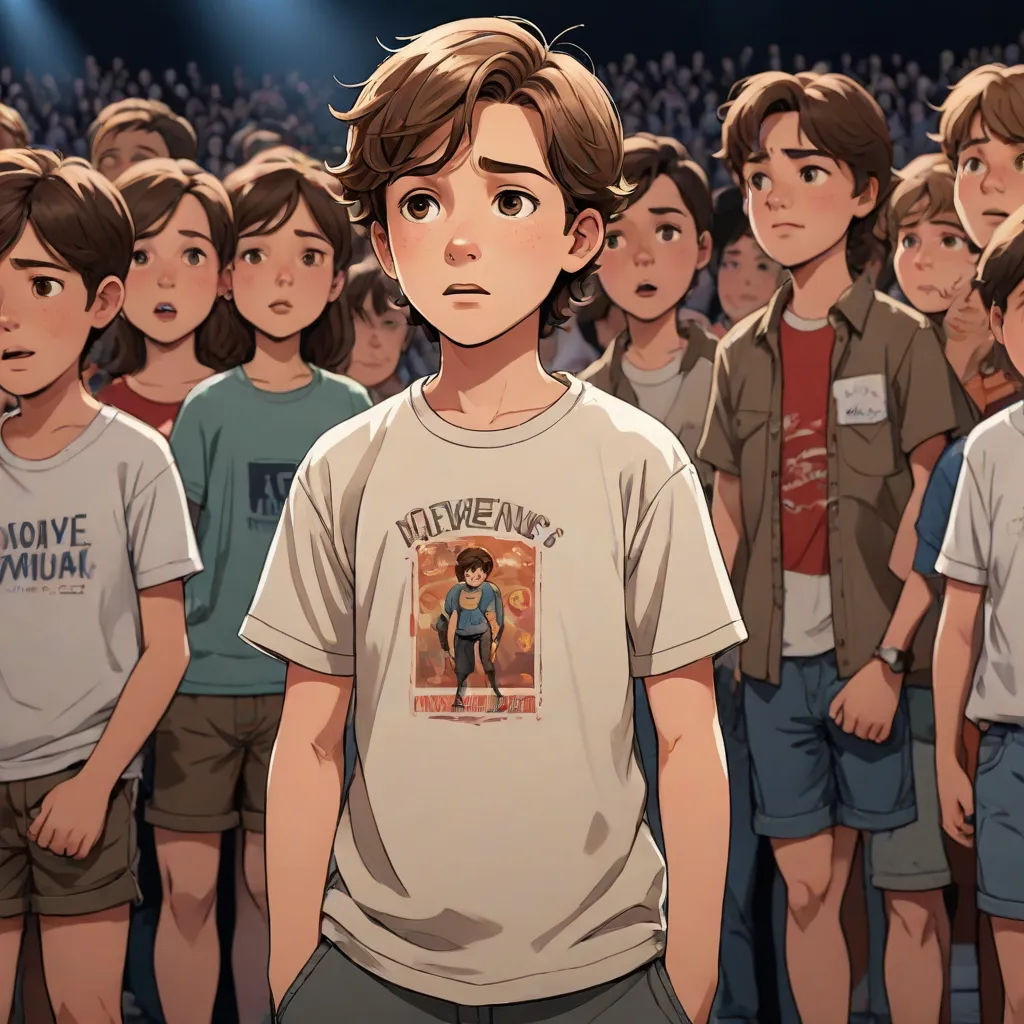 a boy standing in front of a crowd of people in front of a microphone with a microphone in his hand, vancouver school, a storybook illustration, Brothers Hildebrandt, cushart krenz