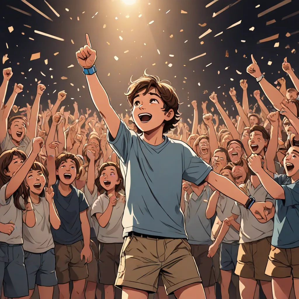 a boy is standing in front of a crowd of people with his arms up and his hands in the air, paris school, a storybook illustration, Asaf Hanuka, graphic novel