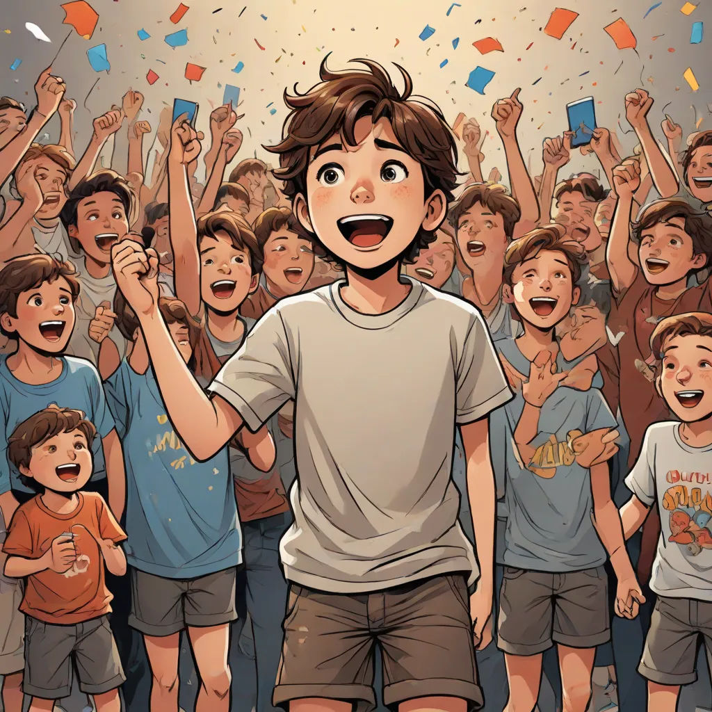 a boy standing in front of a crowd of people with his hands up in the air and his mouth open, shock art, a comic book panel, Asaf Hanuka, graphic novel