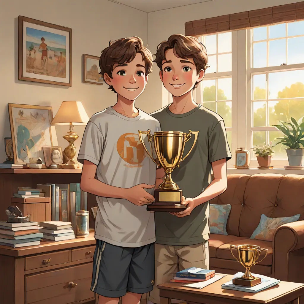 a boy and a girl holding a trophy in a living room with a couch and a table in front of them, sots art, a storybook illustration, Brothers Hildebrandt, official art