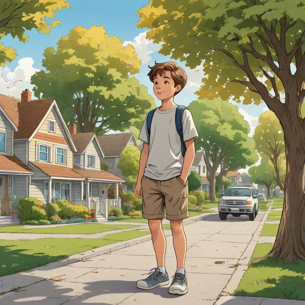 a boy standing on a sidewalk in front of a house with a car parked on the side of the road, american scene painting, a comic book panel, Aaron Jasinski, official art