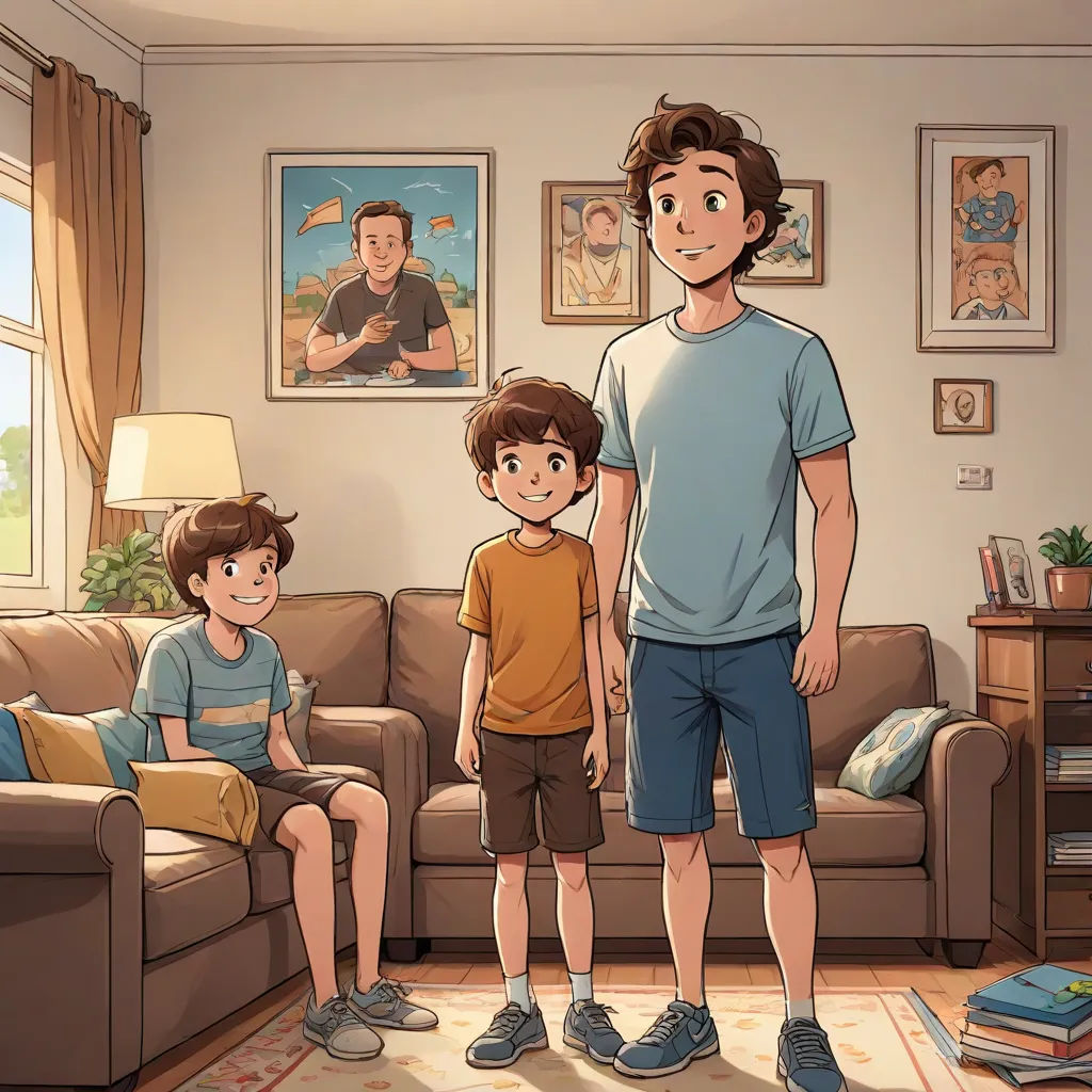 a man and two boys standing in a living room with a couch and a painting on the wall behind them, sots art, a storybook illustration, Diego Gisbert Llorens, official art
