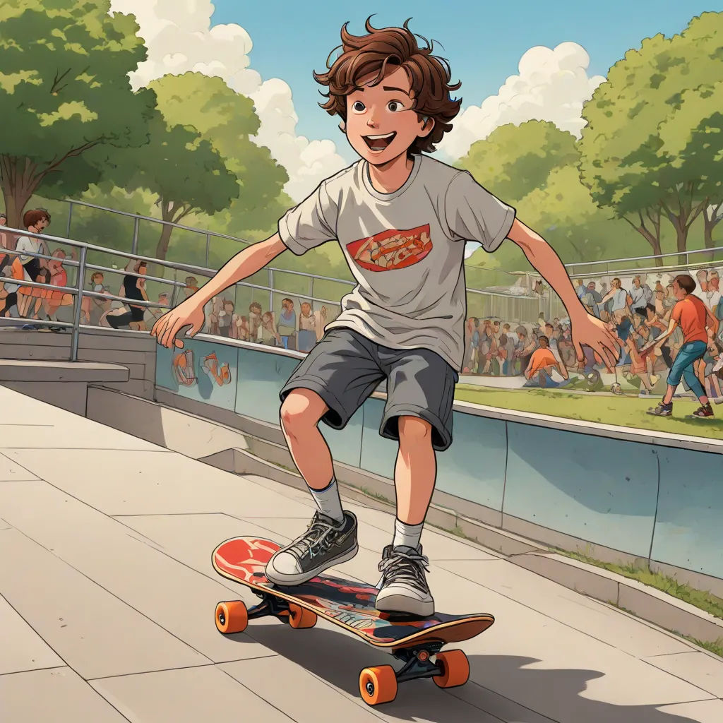 a boy riding a skateboard down a sidewalk next to a crowd of people watching him on the bleachers, photorealism, a comic book panel, Cliff Childs, official art