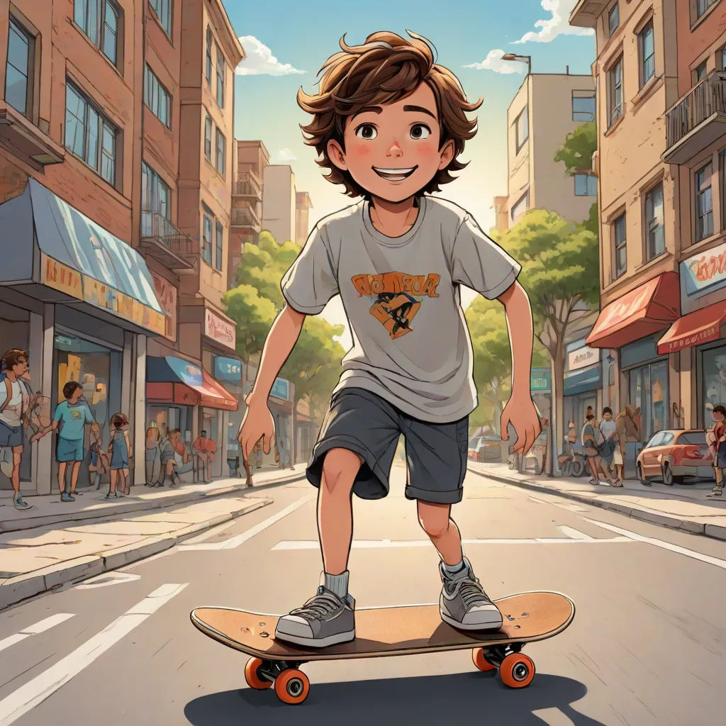 a boy riding a skateboard down a street in a cartoon style, with buildings in the background and people walking on the sidewalk, photorealism, a comic book panel, Cliff Childs, rossdraws global illumination