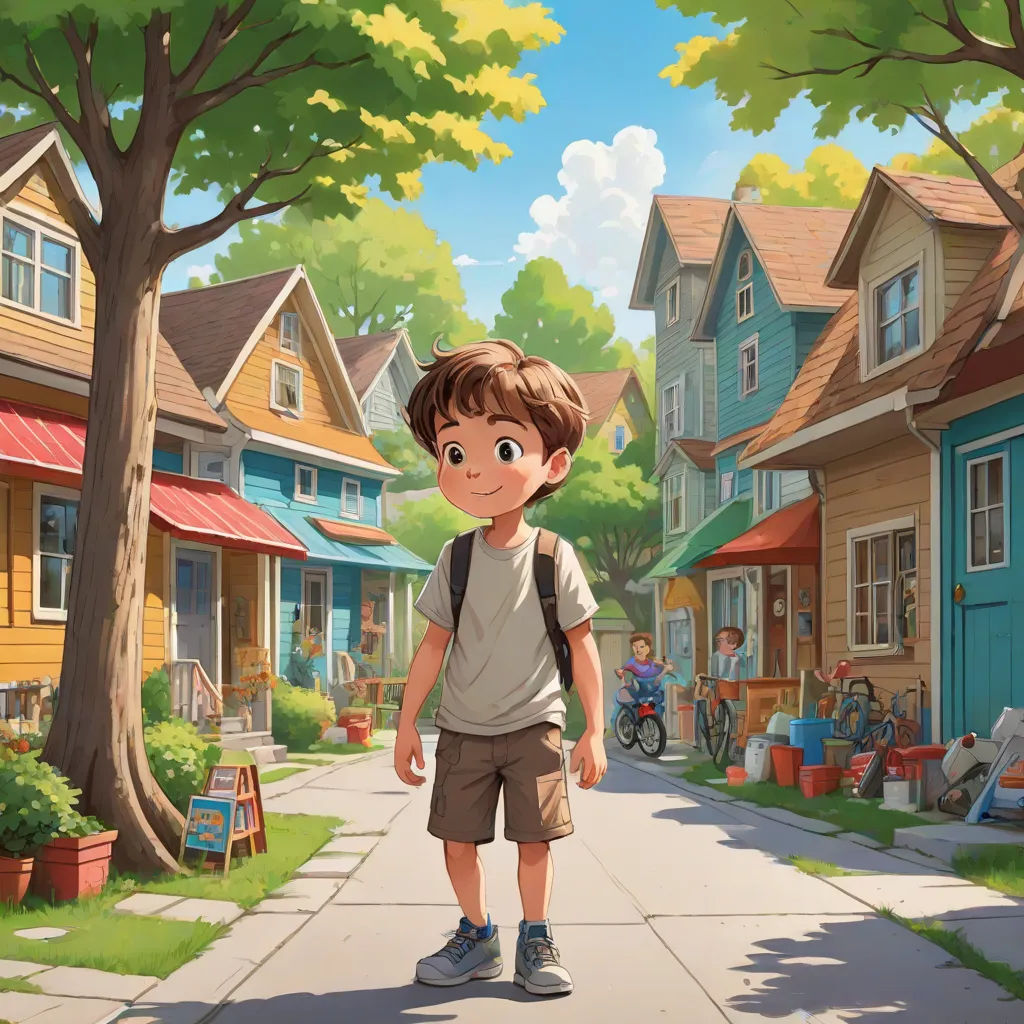 a boy walking down a street in front of a house with a bicycle parked on the sidewalk and a person on a bike, american scene painting, a storybook illustration, Aaron Jasinski, official art