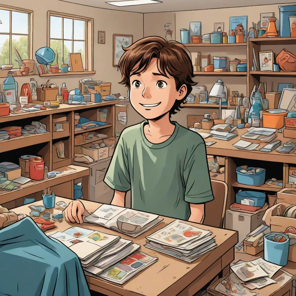 a boy is sitting at a desk in a room full of books and papers and a woman is standing next to him, process art, a storybook illustration, Aaron Jasinski, storybook illustration