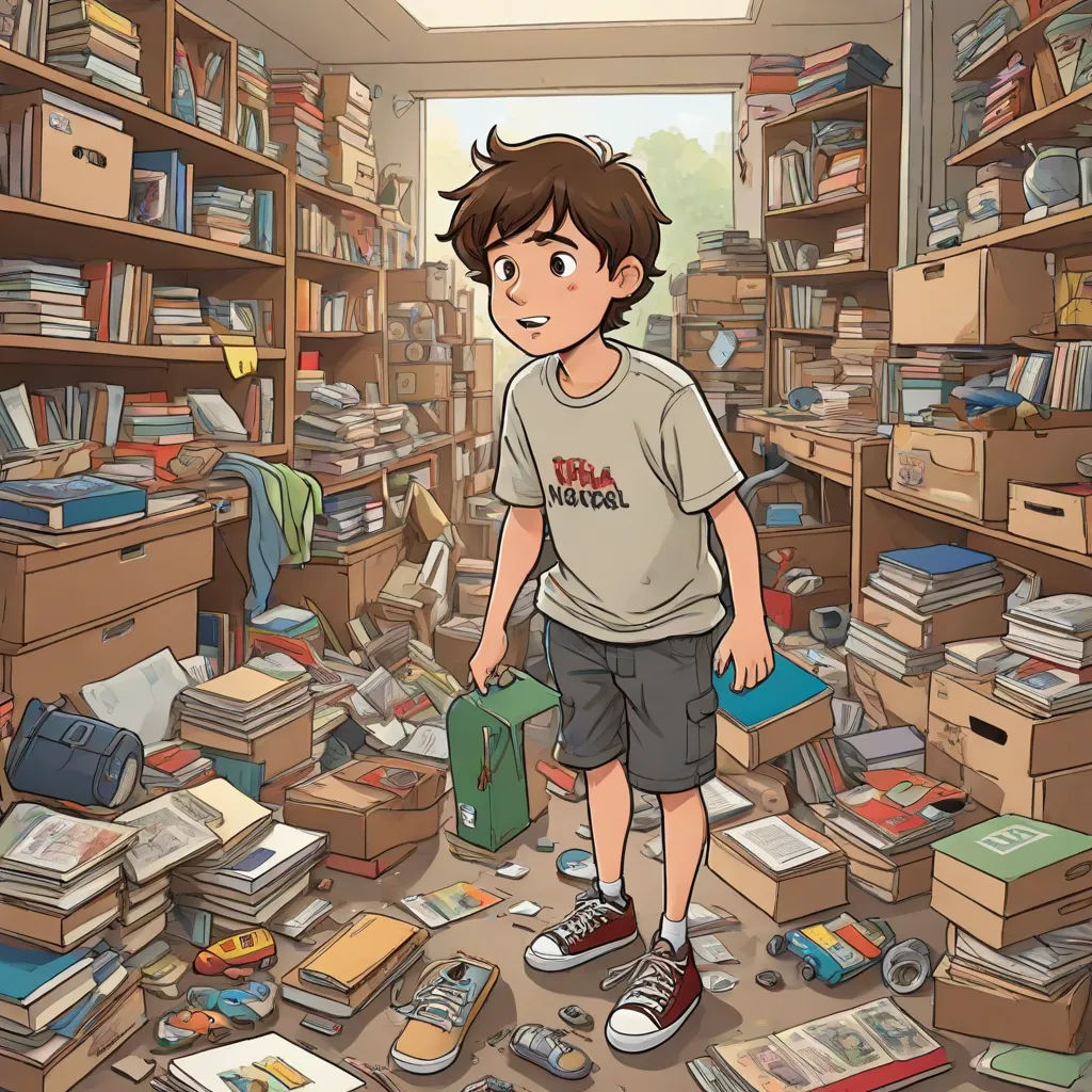 a boy standing in a room full of books and boxes with a suitcase in front of him and a suitcase in the floor, photorealism, a storybook illustration, Asaf Hanuka, comic cover art