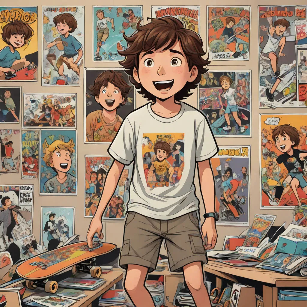 a boy standing in front of a wall with comics on it and a skateboard in front of him, underground comix, a comic book panel, Asaf Hanuka, comic book