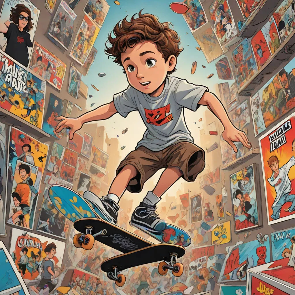 a boy is jumping on a skateboard in a crowded area with comic books all around him and a woman is looking on, underground comix, a comic book panel, Asaf Hanuka, comic book