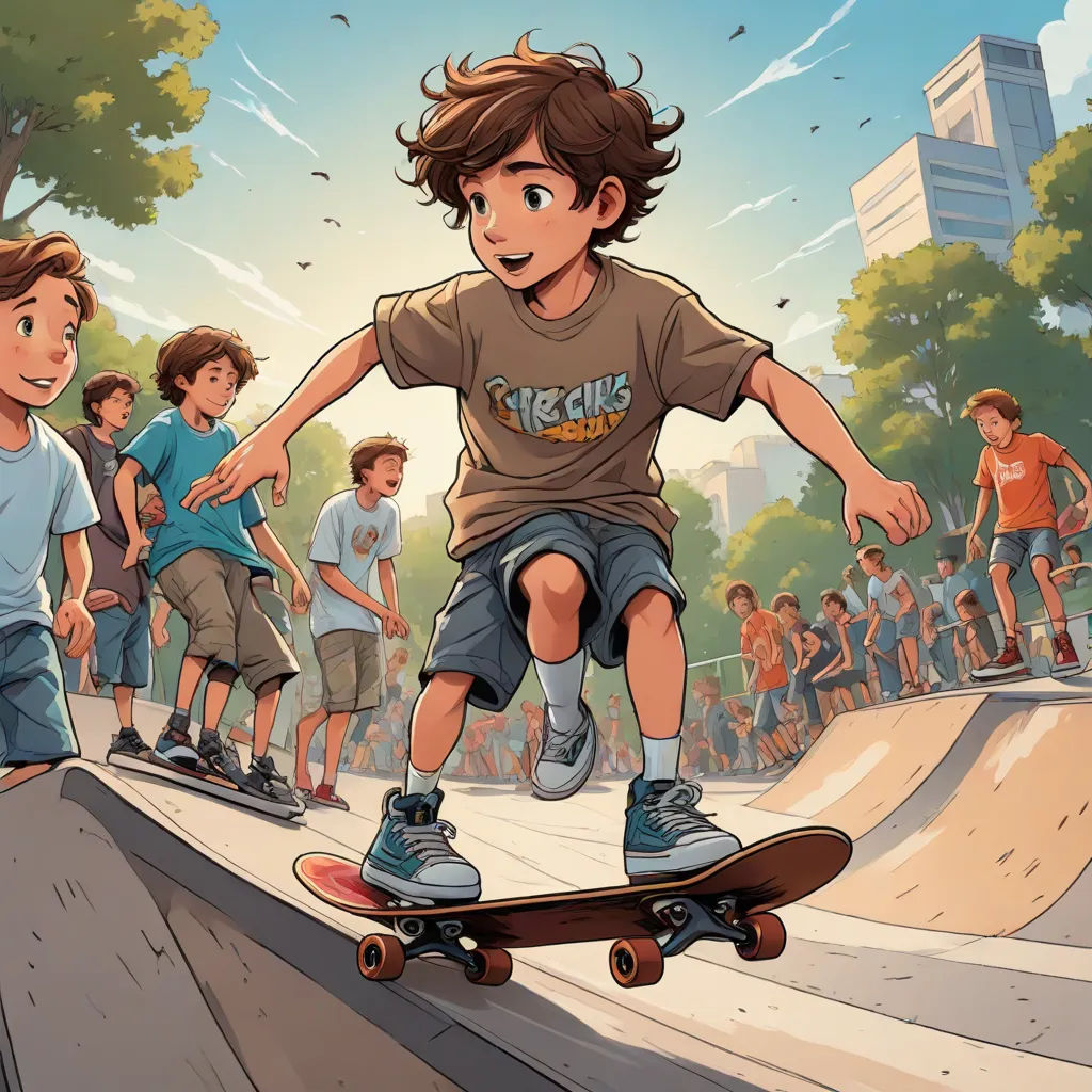 a boy riding a skateboard down a ramp with other boys watching him from behind him on a skateboard, photorealism, a storybook illustration, Cyril Rolando, extreme illustration