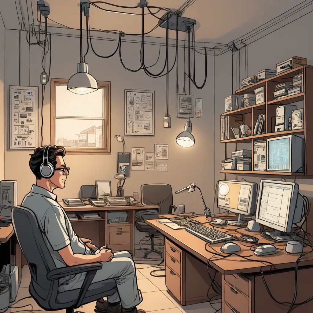 a man sitting in a chair in front of a computer desk with headphones on his ears and a computer monitor, serial art, a comic book panel, Asaf Hanuka, cables