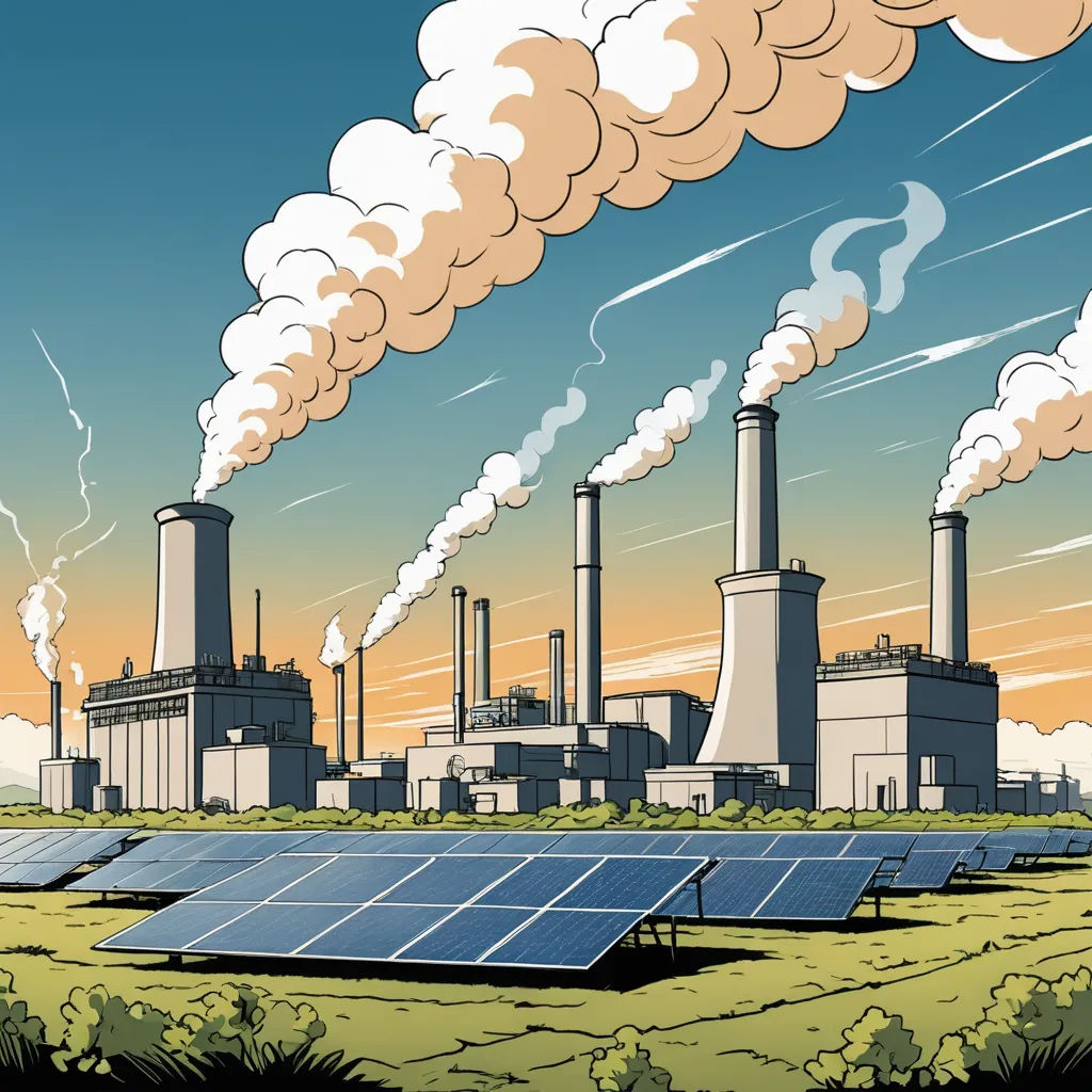 a factory with smoke stacks and solar panels in front of it and a sky background with clouds of smoke, environmental art, a storybook illustration, David A Hardy, solarpunk