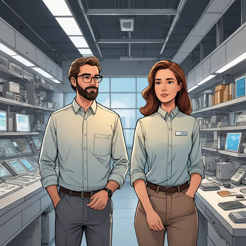 a man and a woman standing in a store with computers on the shelves and a man in a blue shirt, serial art, a comic book panel, Cedric Seaut (Keos Masons), graphic novel