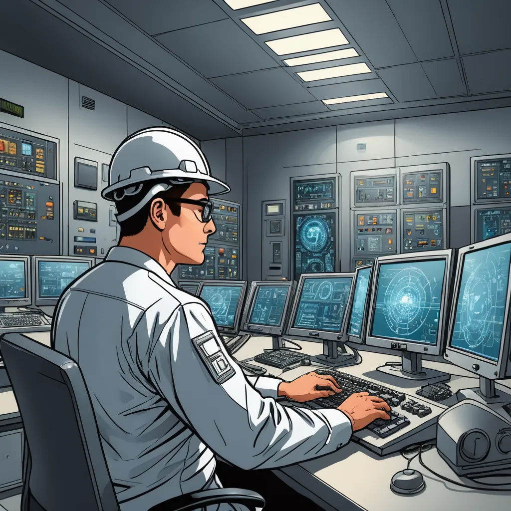 a man in a hard hat sitting at a computer desk with multiple monitors and a keyboard and mouse in front of him, computer art, computer graphics, Eddie Mendoza, technology