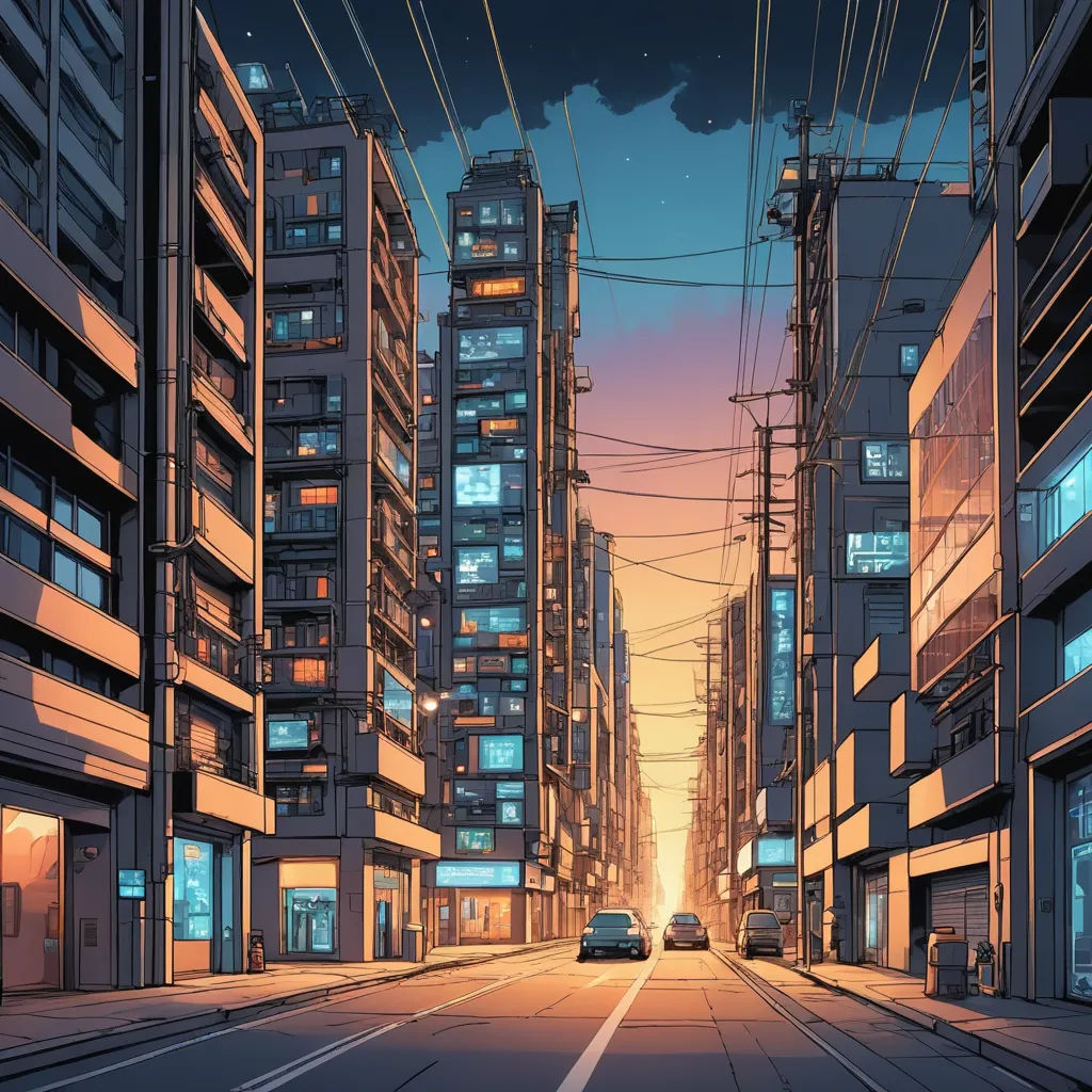 a city street with cars driving down it at night time with buildings in the background and a sky line, retrofuturism, a comic book panel, Alena Aenami, laurie greasley