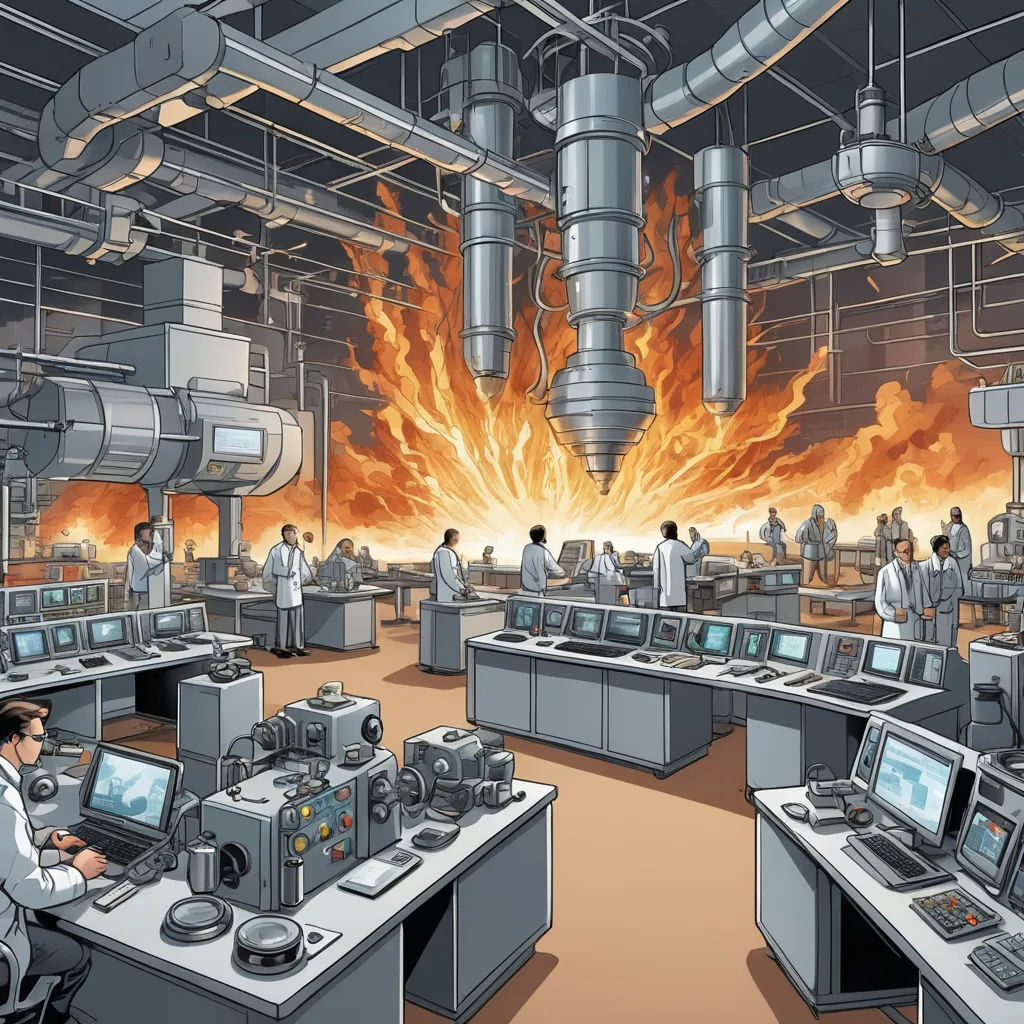 a factory with a lot of monitors and a lot of people working on them in it and a fire in the background, nuclear art, a comic book panel, Asaf Hanuka, laurie greasley