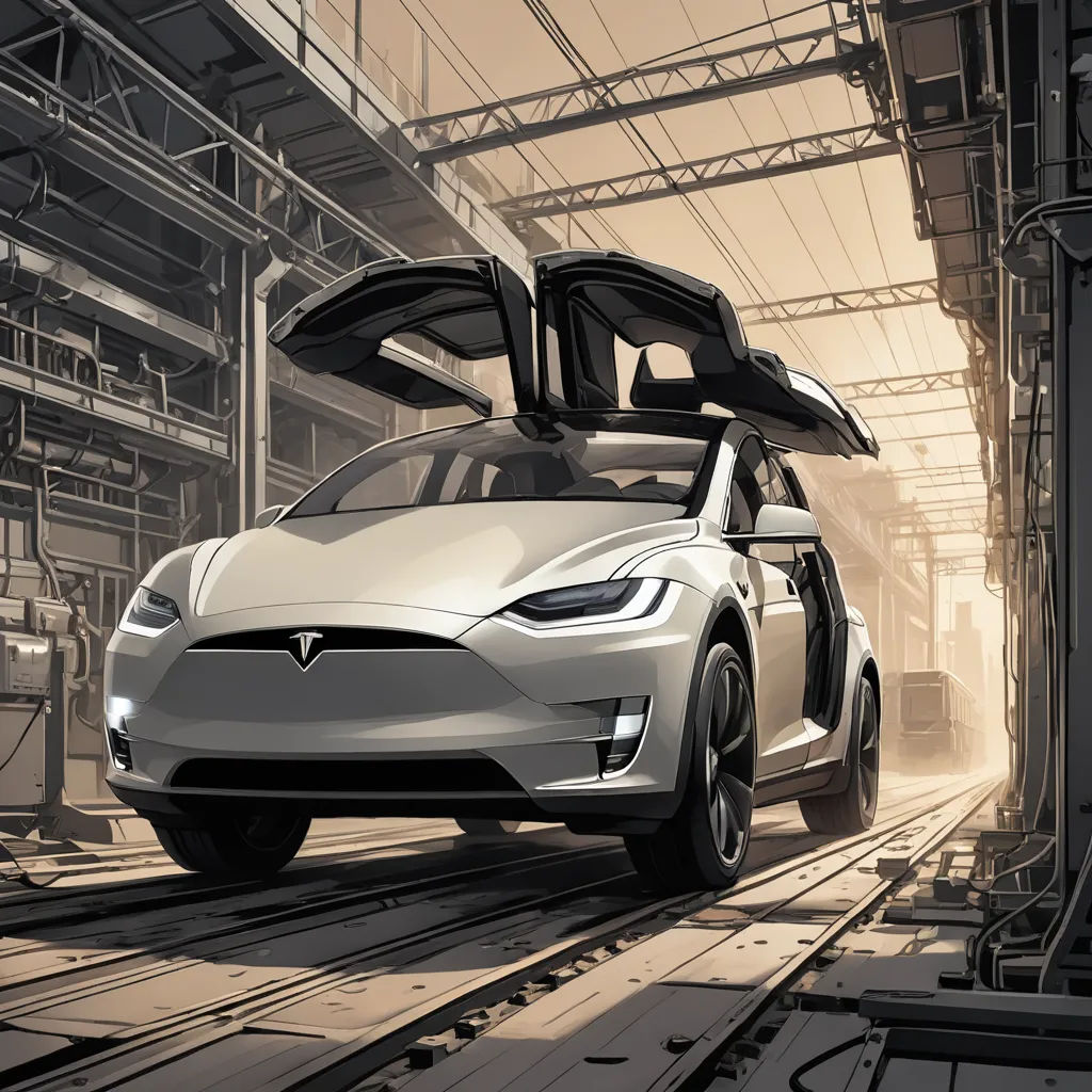a white car with its doors open in a factory area with a train track and a building in the background, photorealism, an ultrafine detailed painting, David Martin, highly detailed digital painting