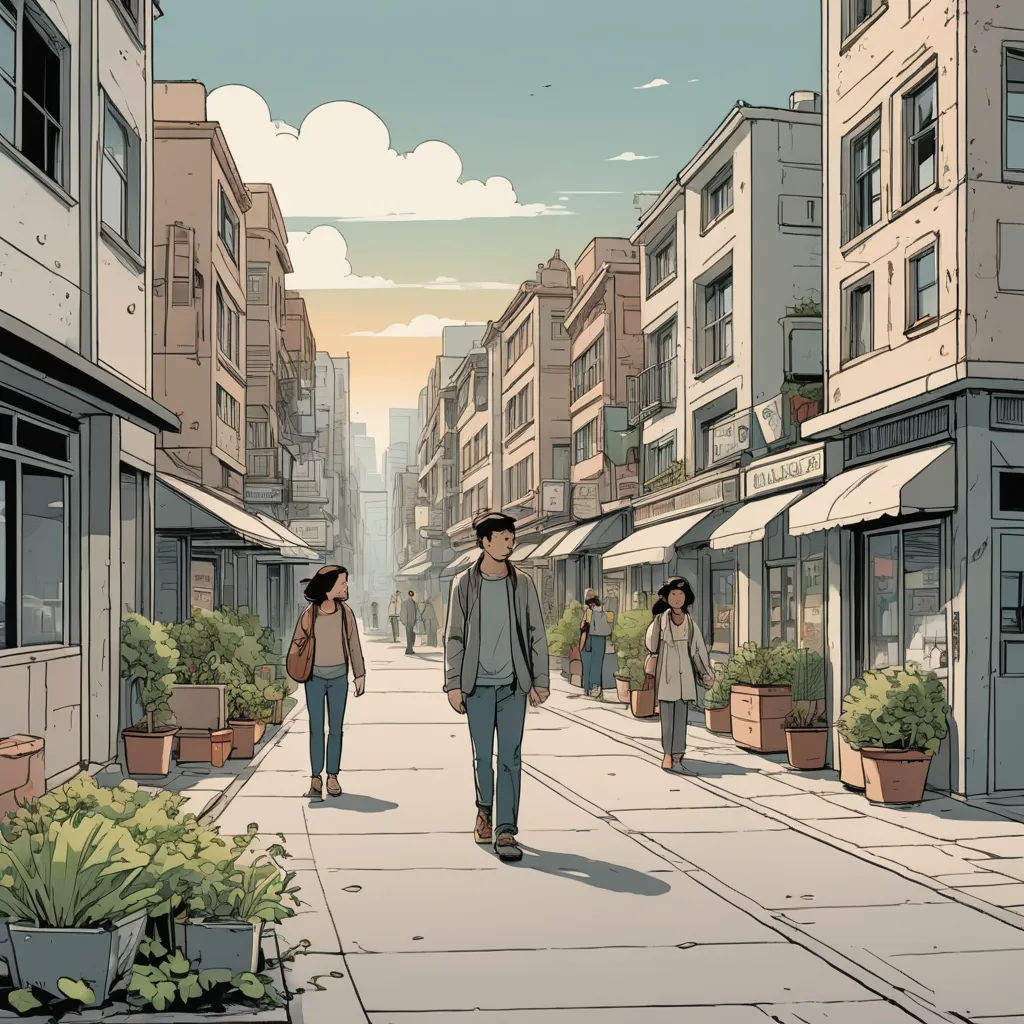 a couple of people walking down a street next to tall buildings and plants on the sidewalk of a city, serial art, a comic book panel, Asaf Hanuka, graphic novel