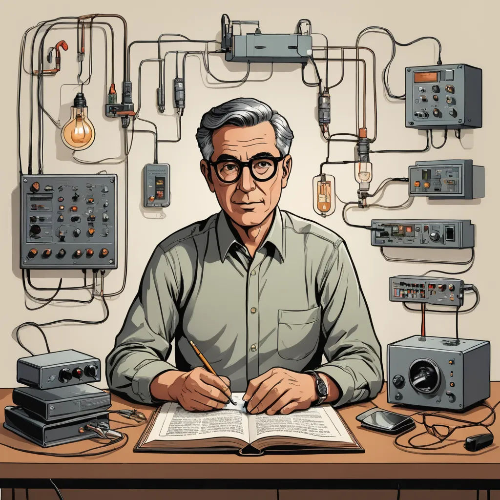a man sitting at a desk with a book and a mouse in front of him and many electrical equipment, les automatistes, a character portrait, Alson S. Clark, analog