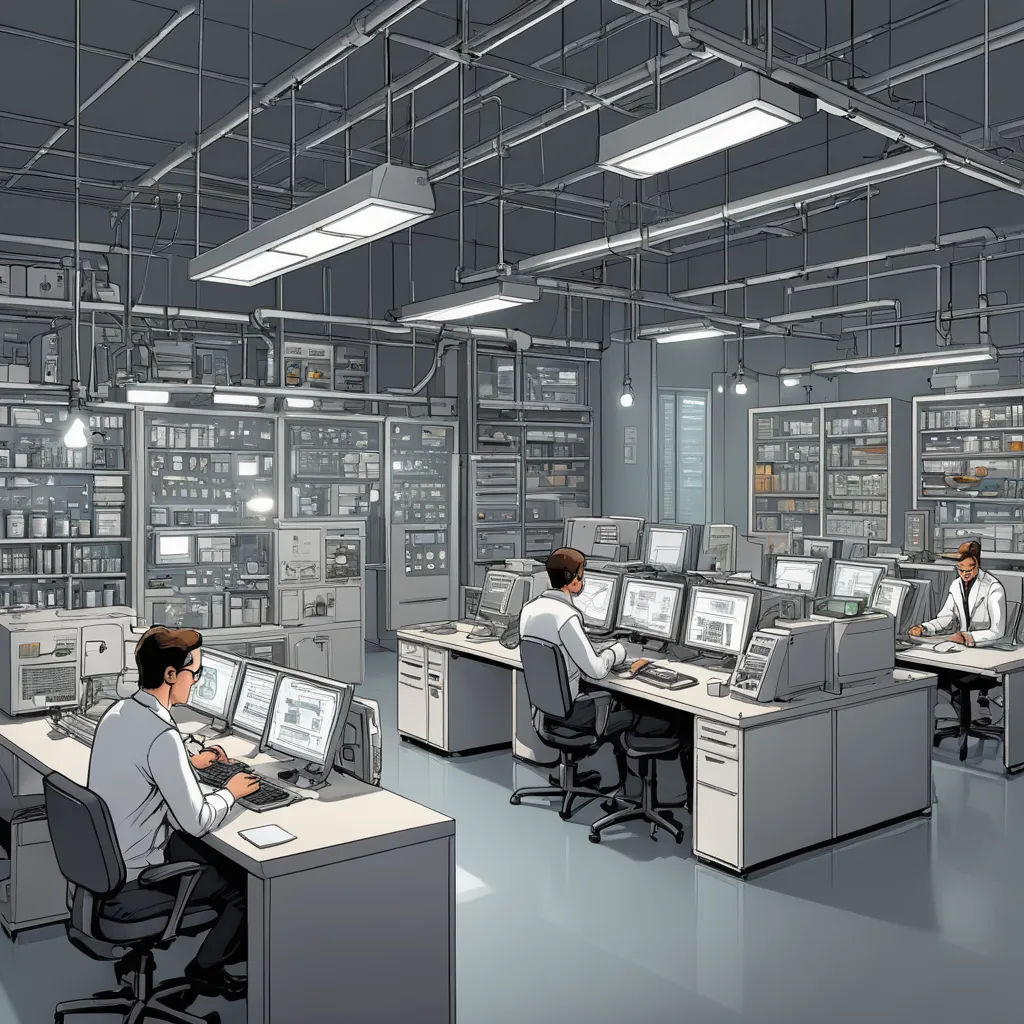 a man sitting at a desk in a control room with multiple monitors and monitors on the wall and two men working on the desk, les automatistes, a computer rendering, Enguerrand Quarton, detailed illustration