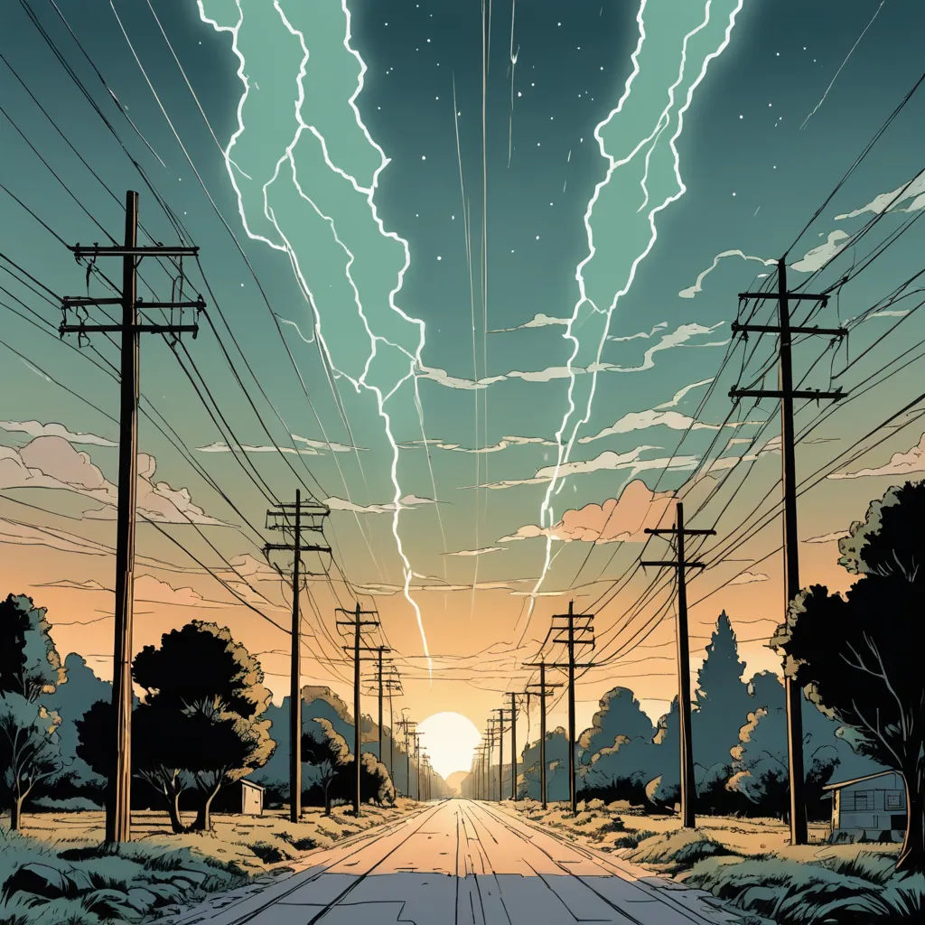 a painting of a road with a sky full of lightning and clouds above it and a sun setting behind the clouds, shock art, a comic book panel, Dan Mumford, laurie greasley