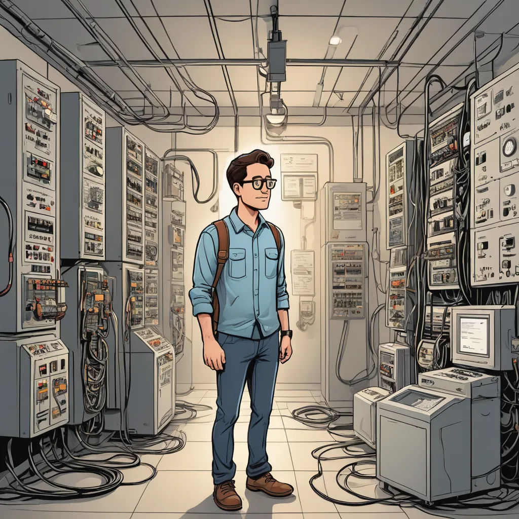 a man standing in a room with many electrical equipment in it and a cartoon of him in the background, serial art, a character portrait, Asaf Hanuka, rossdraws global illumination