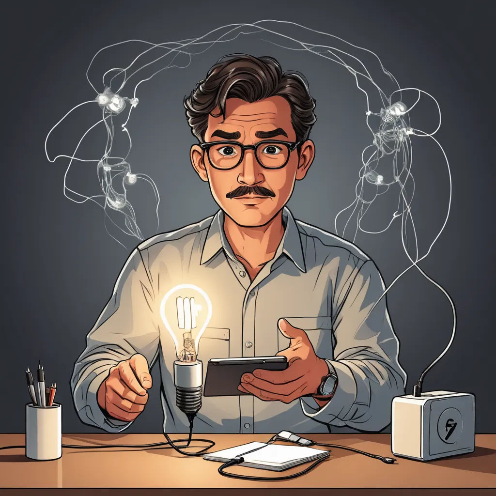 a man holding a tablet with a light bulb on it and a light bulb in his hand, surrounded by wires, serial art, a character portrait, Asaf Hanuka, 2 d game art
