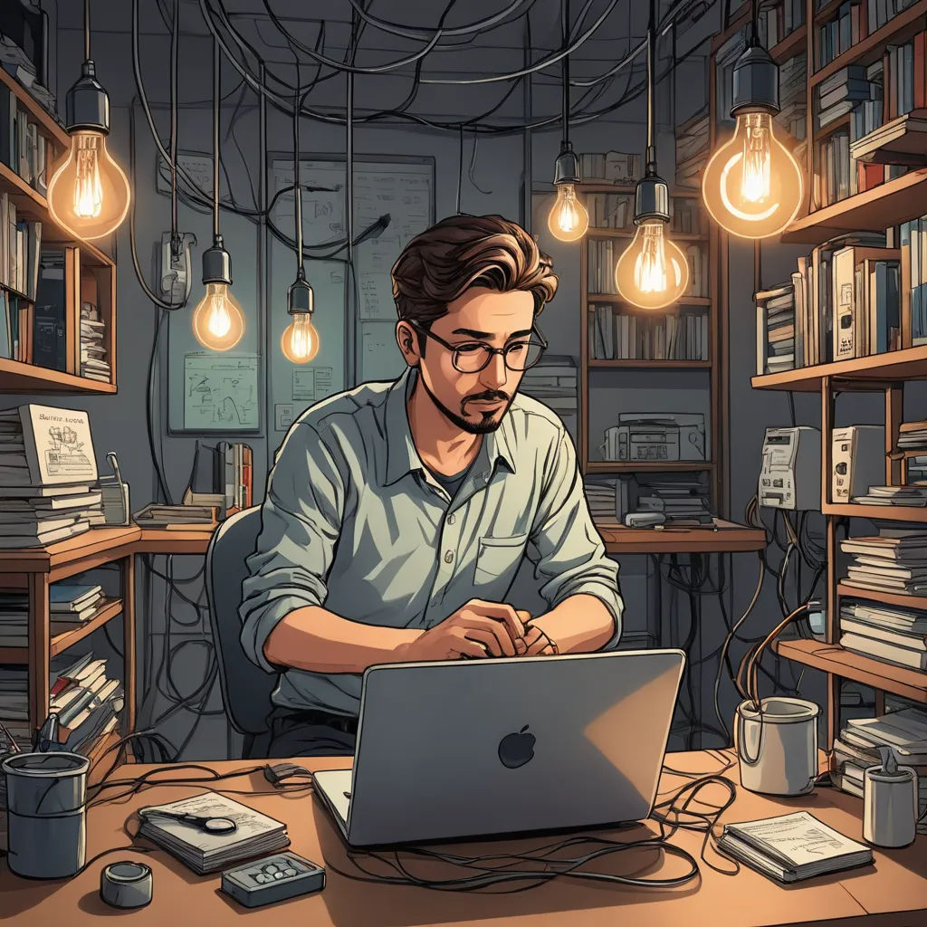 a man sitting at a desk with a laptop in front of him and lots of books on shelves behind him, computer art, cyberpunk art, Cyril Rolando, rossdraws global illumination