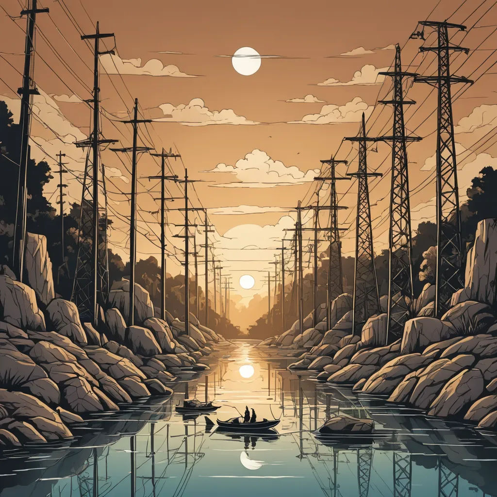 a painting of a river with power lines and a boat in the water at sunset with a person rowing a boat, environmental art, poster art, Dan Mumford, laurie greasley