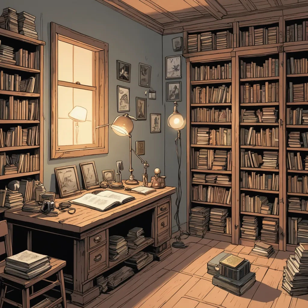 a room with a desk, bookshelves, and a lamp in it with a window and a book case, fantasy art, a storybook illustration, Anson Maddocks, storybook illustration