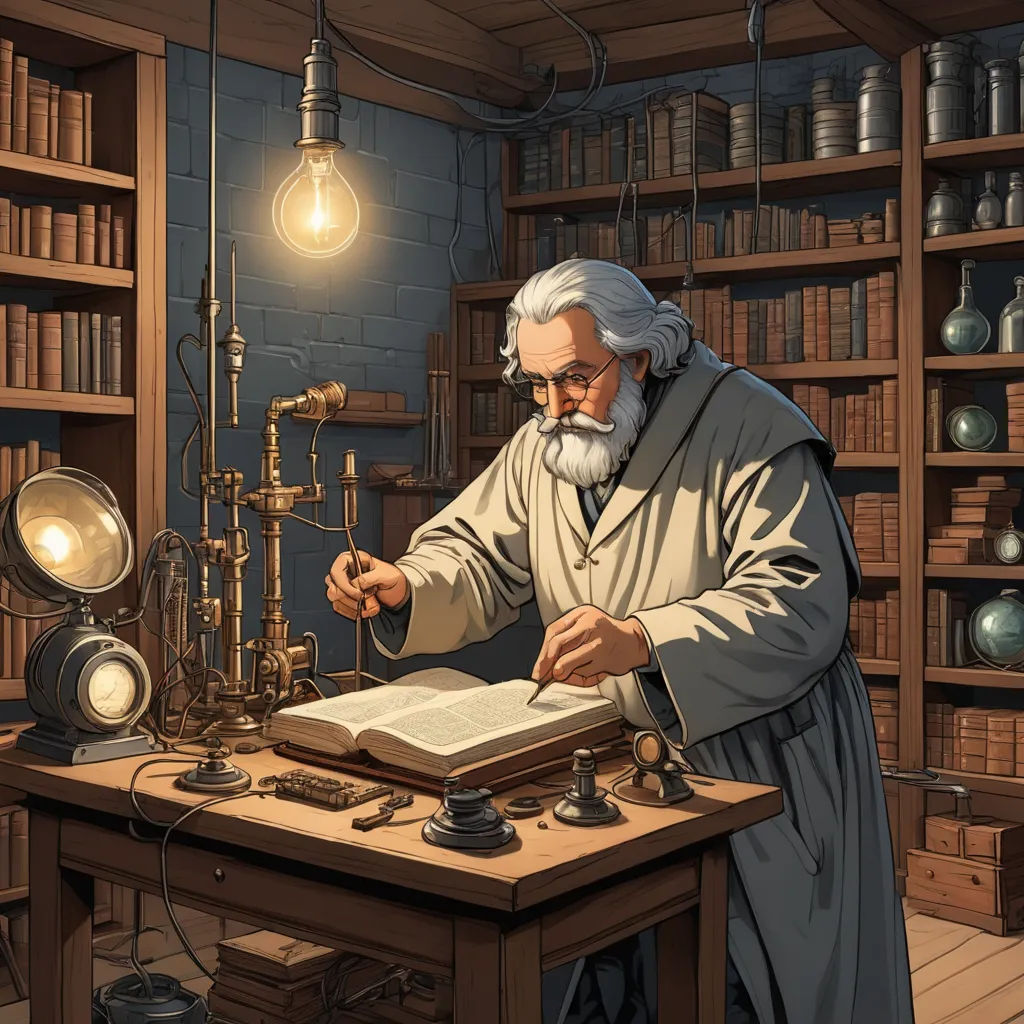 a man in a library is looking at a book and lamp on a desk with a book open on it, fantasy art, a storybook illustration, Edgar Ainsworth, highly detailed digital painting