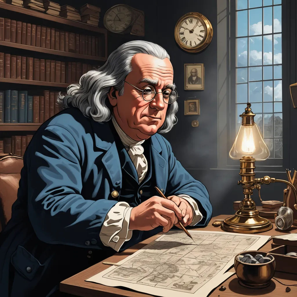 a man sitting at a desk with a pen and paper in front of him and a clock in the background, american scene painting, an ultrafine detailed painting, Benjamin Franklin, highly detailed digital painting
