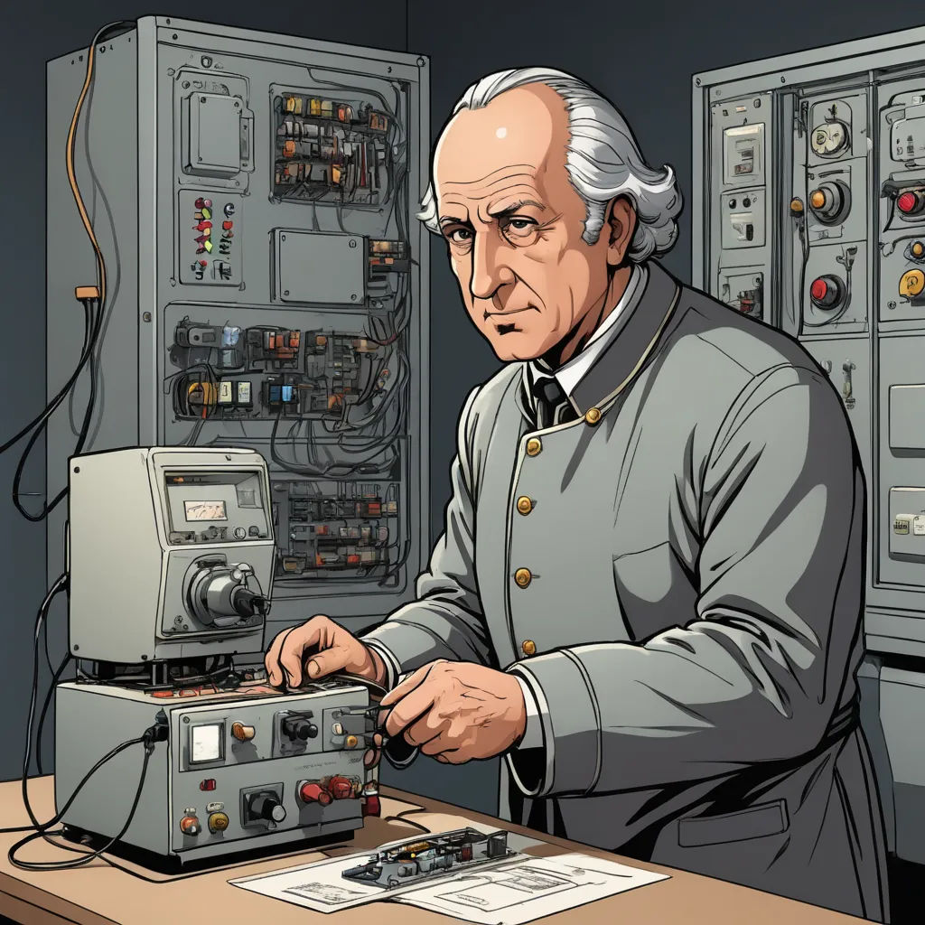 a man in uniform is working on a machine in a room with many electrical equipment and wires on the walls, les automatistes, a character portrait, Carl Eytel, official art