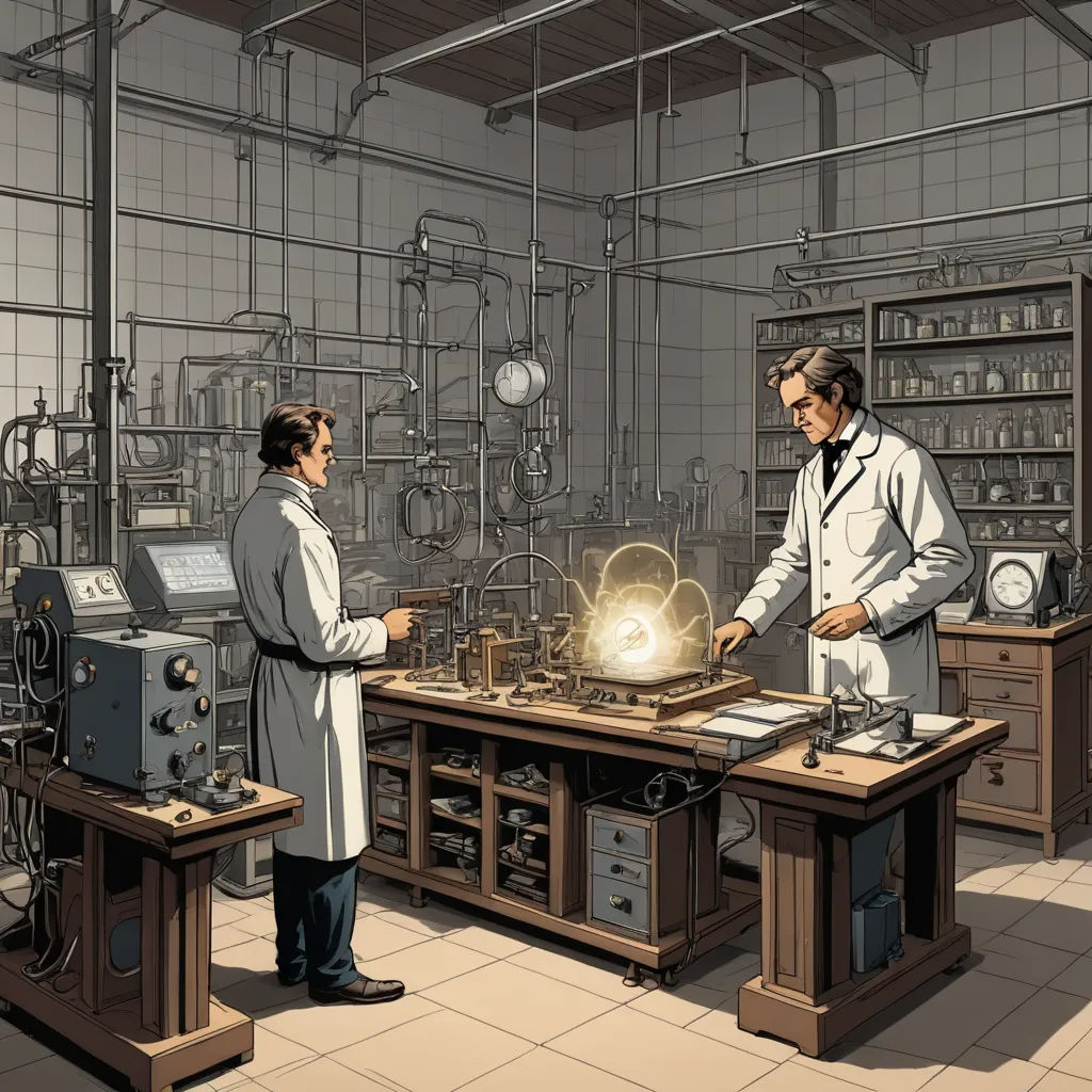 a man and a woman in a lab looking at a light bulb in a cabinet with a machine in the background, analytical art, a comic book panel, Cedric Peyravernay, matte drawing