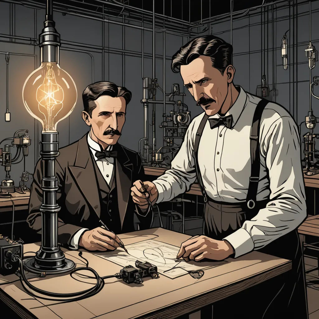 two men in suits are working on a project in a lab with a light bulb on the table and a map on the table, analytical art, a comic book panel, Dan Mumford, laurie greasley