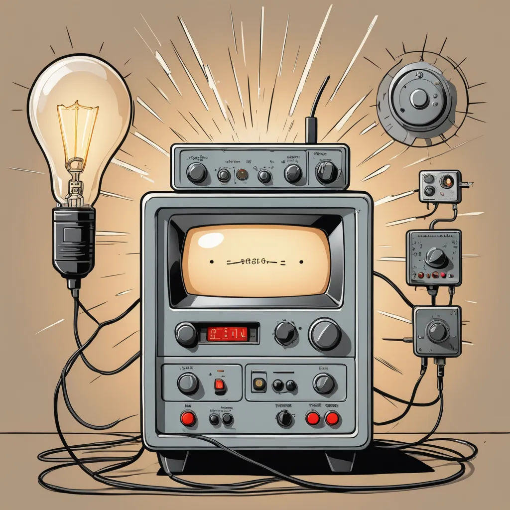 a television with a light bulb on top of it and a clock on the side of it with a lightbulb on top of it, shock art, computer graphics, Beeple, technology