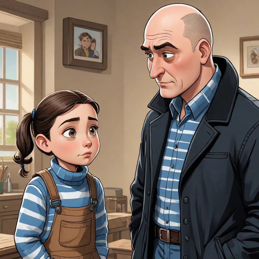 a man and a little girl standing in a kitchen looking at each other and a bald man in the background, serial art, a character portrait, Ada Gladys Killins, official art