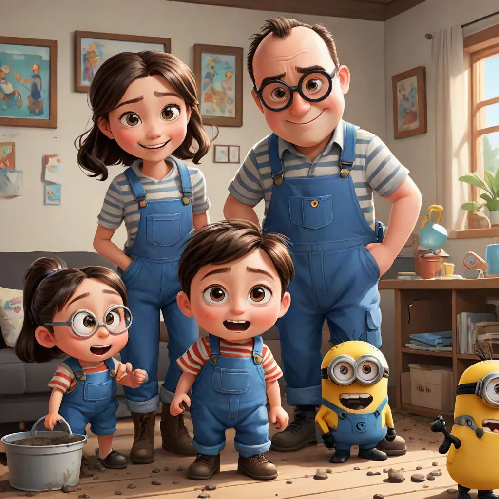 a family of three standing next to each other in a living room with a minion and a minion, sots art, a photorealistic painting, Diego Gisbert Llorens, pixar and disney animation