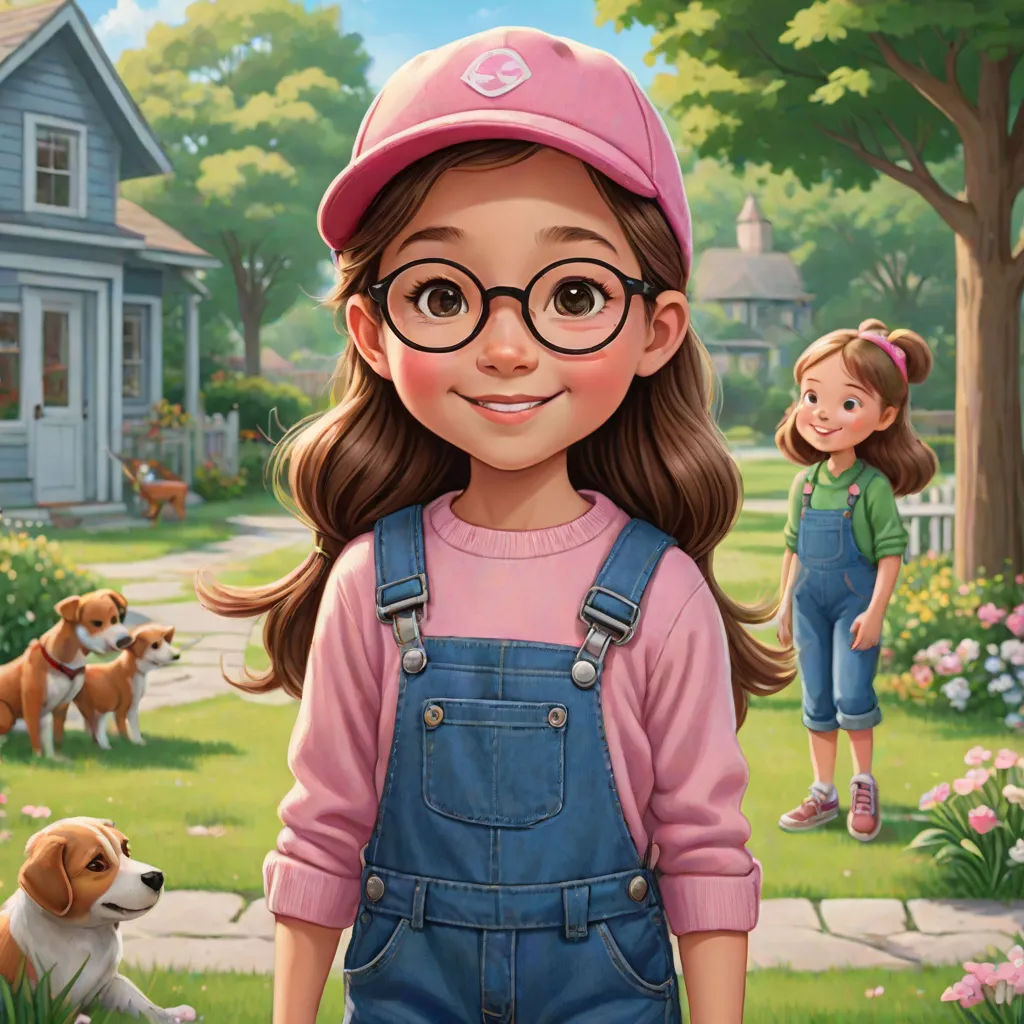 a girl in overalls and a pink hat standing in front of a dog and a house with a girl in the background, american scene painting, a storybook illustration, Bob Byerley, kinkade
