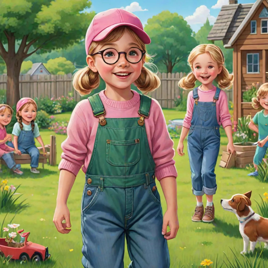 a painting of a girl in overalls and a dog in a yard with a dog and a girl in a pink shirt, american scene painting, a storybook illustration, Bob Byerley, kinkade