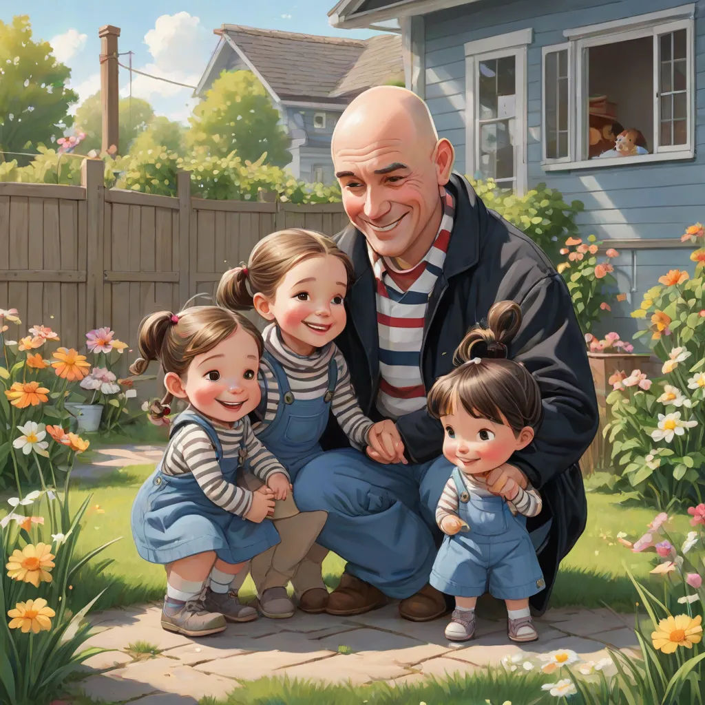 a painting of a man with two children and a dog in a garden with flowers and a house in the background, american scene painting, a storybook illustration, Aaron Jasinski, storybook illustration