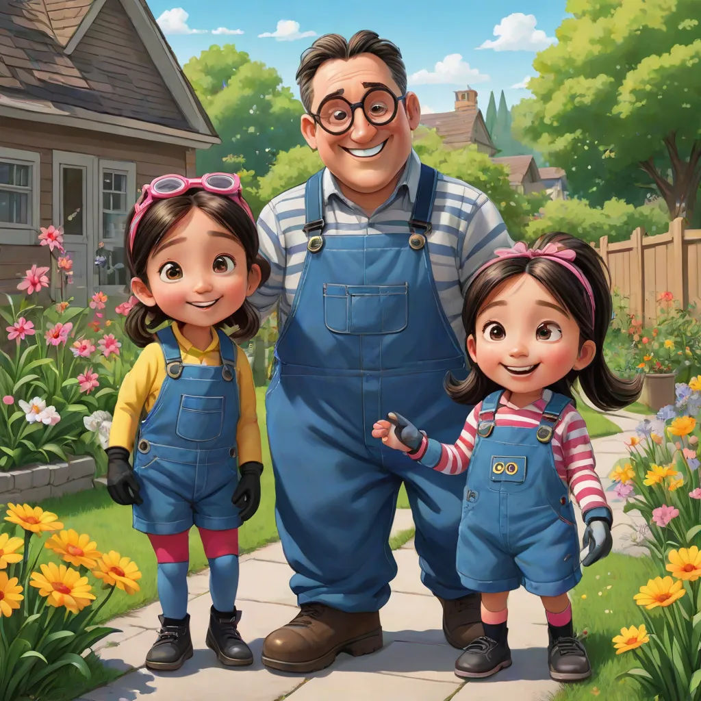 a man and two children standing in front of a flower garden with a house in the background and a woman holding a child's hand, american scene painting, a storybook illustration, Eddie Mendoza, official art