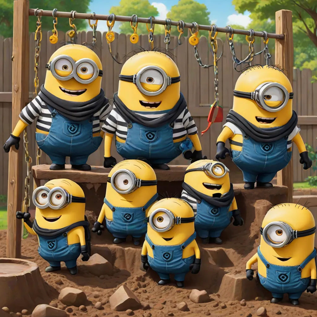 a group of minion characters standing in the dirt near a swing set and a fence with a chain link, rayonism, a detailed matte painting, David Teniers III, horror