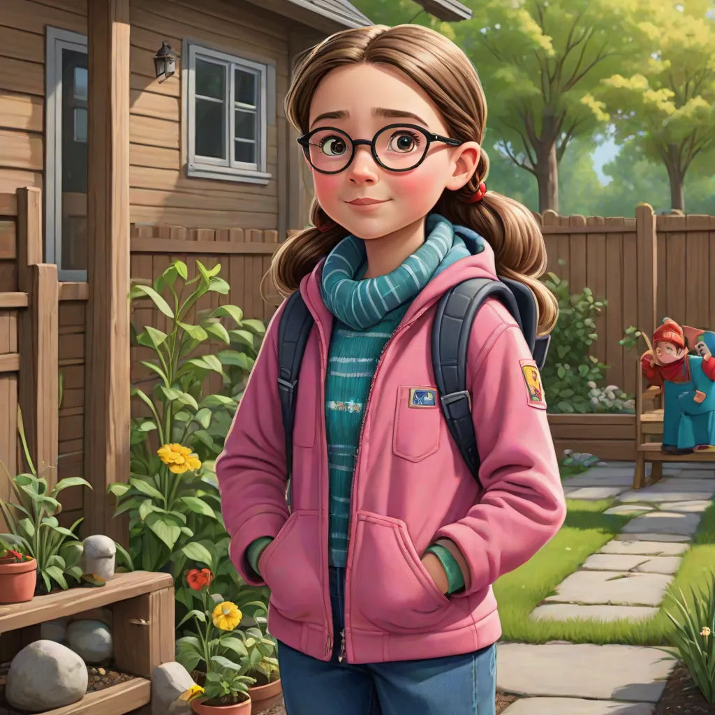 a painting of a girl in a pink jacket and glasses standing in front of a house with a garden, photorealism, a storybook illustration, Chris LaBrooy, cgstudio