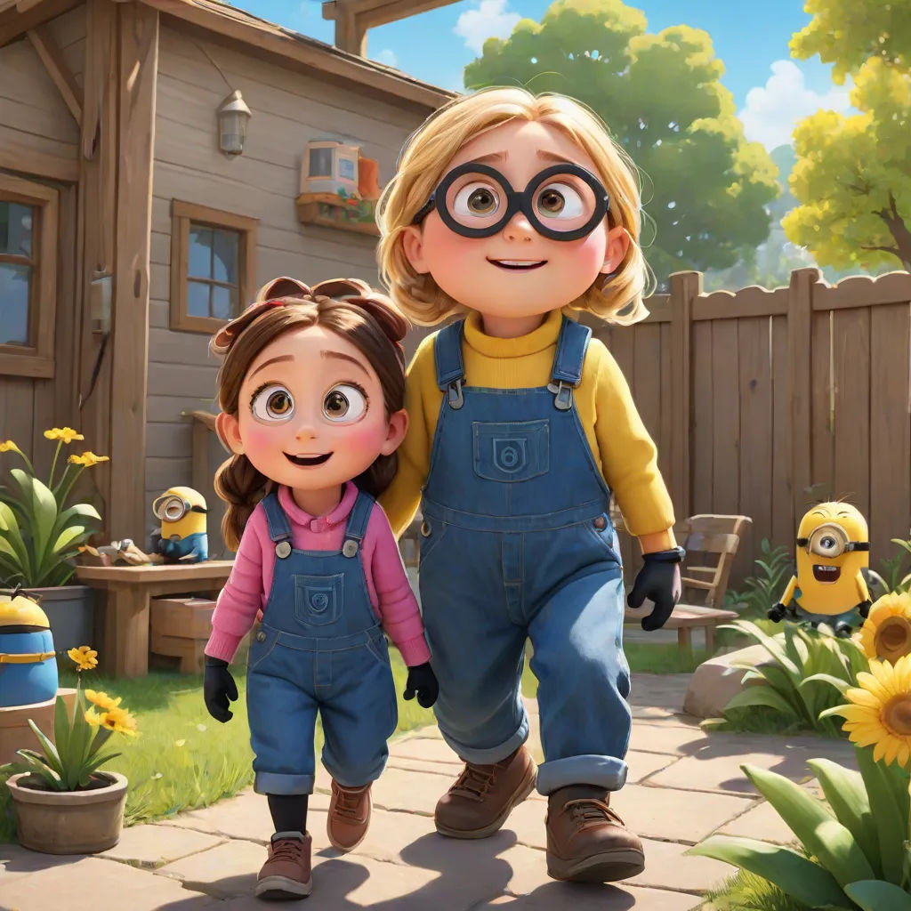 a couple of kids standing next to each other on a sidewalk in front of a house and a garden, sots art, concept art, Ada Gladys Killins, animated