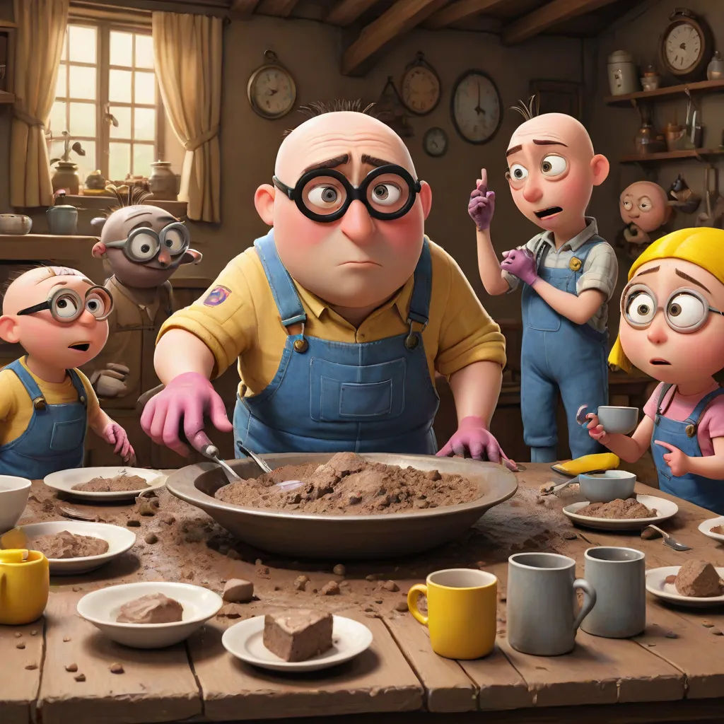 a group of people standing around a table with a bowl of food on it and a plate of chocolate, photorealism, a detailed matte painting, Cliff Childs, animated