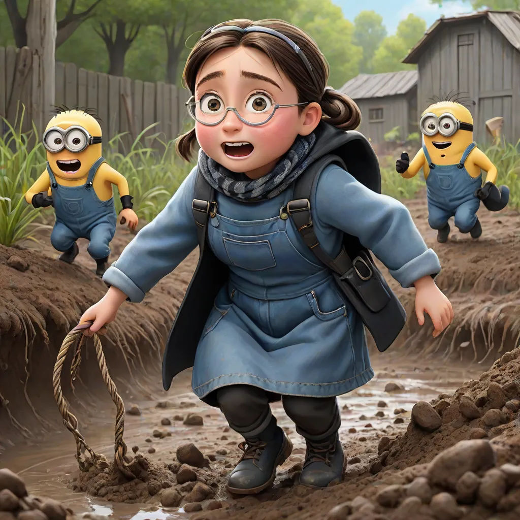 a cartoon character is walking through a muddy field with minions behind her and a minion behind her,, sots art, a detailed matte painting, Clarice Beckett, official art